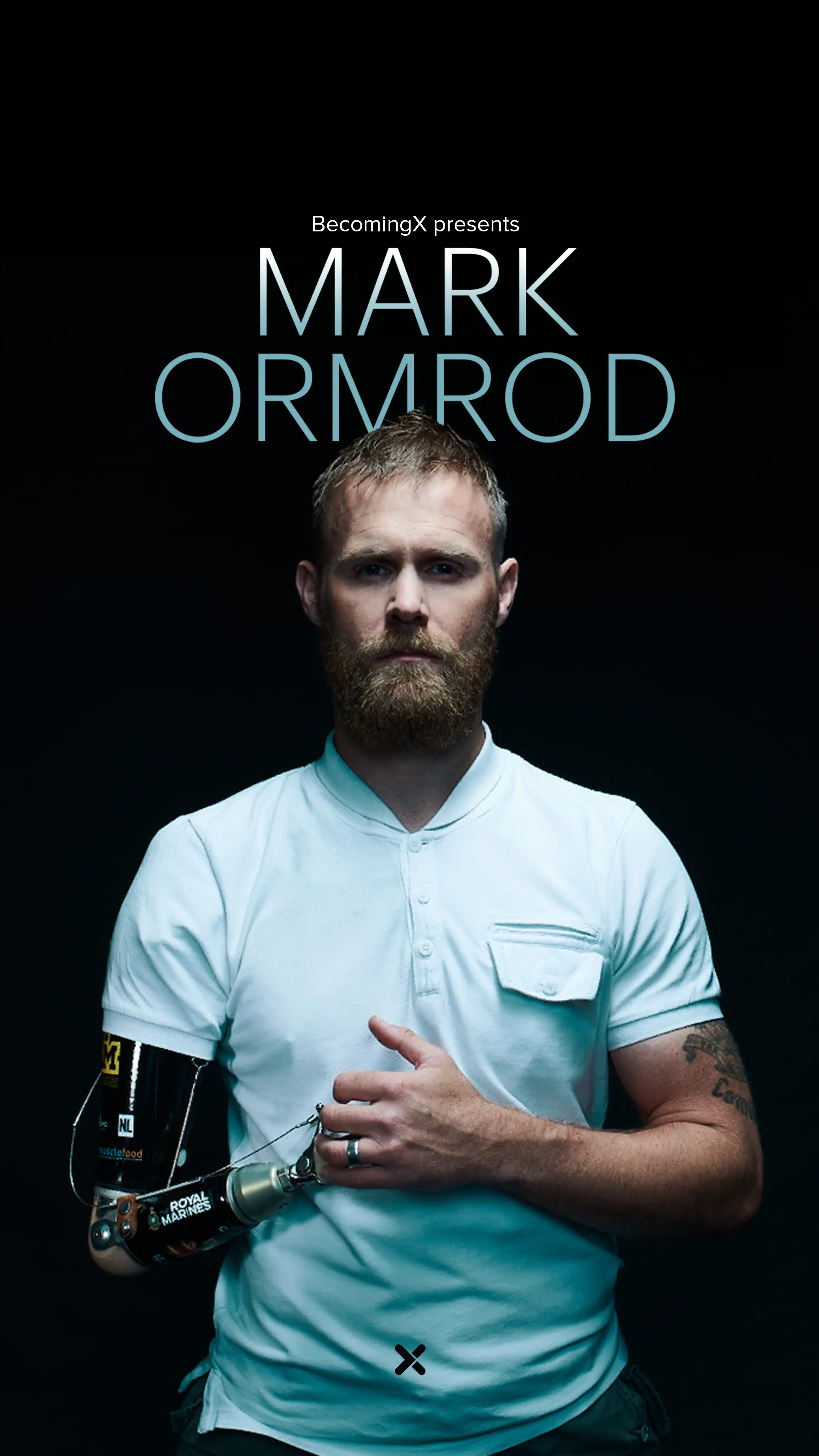 Portrait of Mark Ormrod, veteran and Invictus Games gold medallist, showing his prosthetics. Mark Ormrod text overlaid.