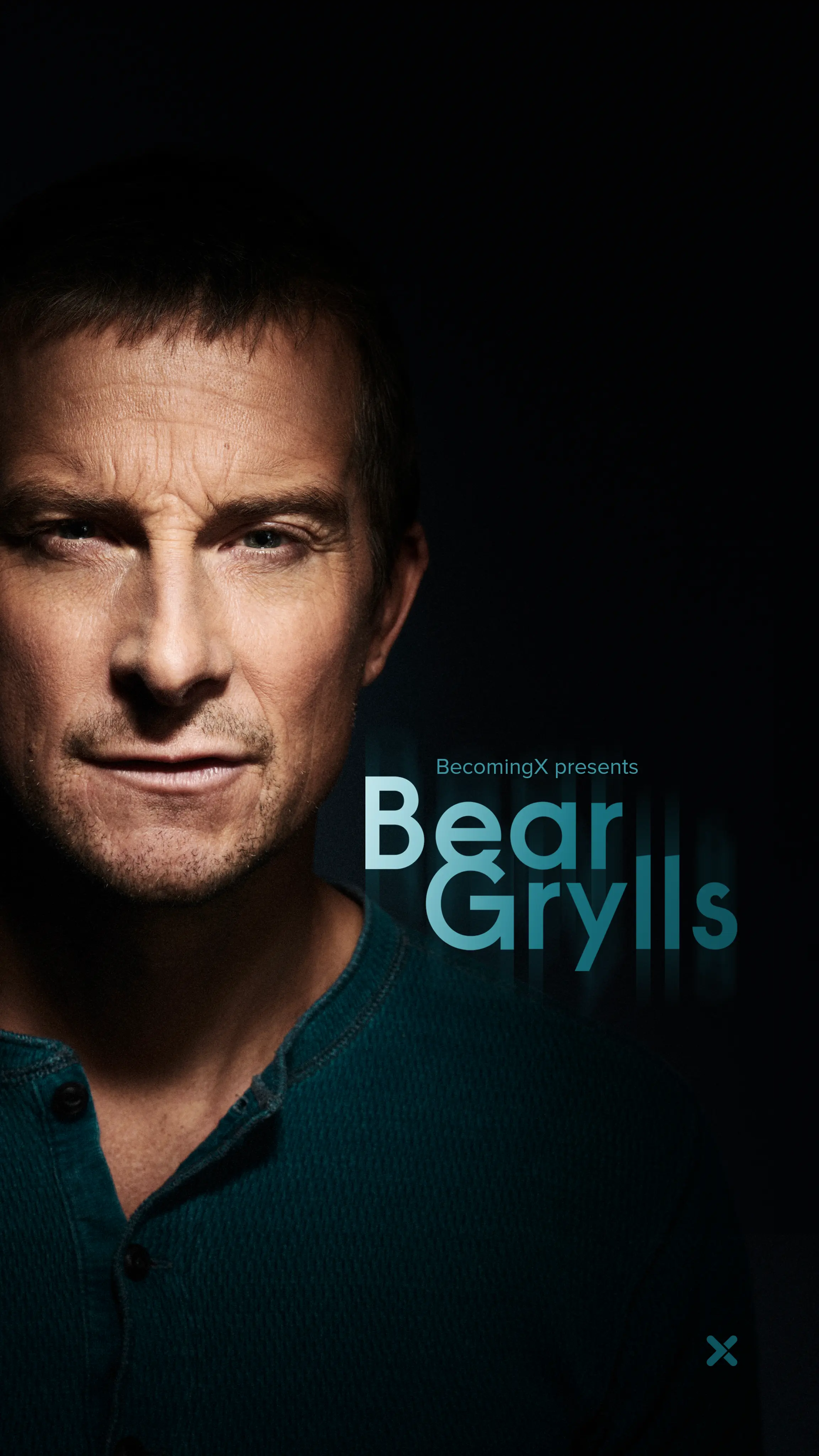 Portrait of Bear Grylls, adventurer, TV presenter and BecomingX co-founder. Bear Grylls text overlaid.