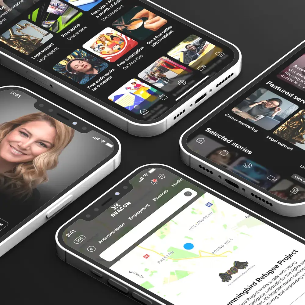 Multiple phones showing screenshots of the Beacon refugee support app, including refugee support centres and mentoring.