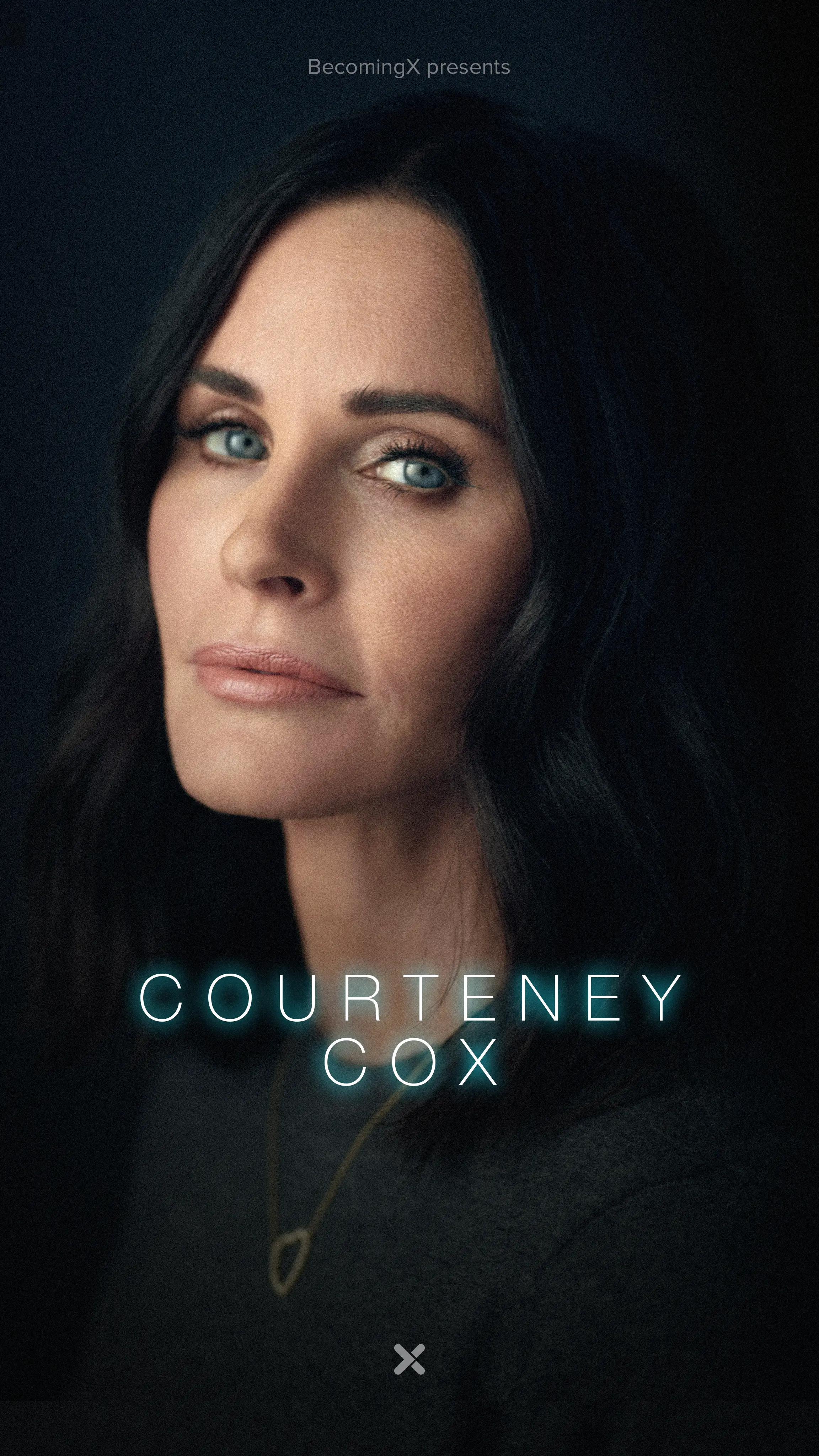 Portrait of Courteney Cox, Friends TV star and actress. Courteney Cox text overlaid.