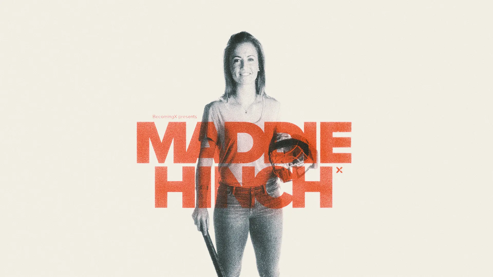 Portrait of Maddie Hinch, Olympic hockey goalkeeper and gold medallist, with hockey stick. Maddie Hinch text overlaid.