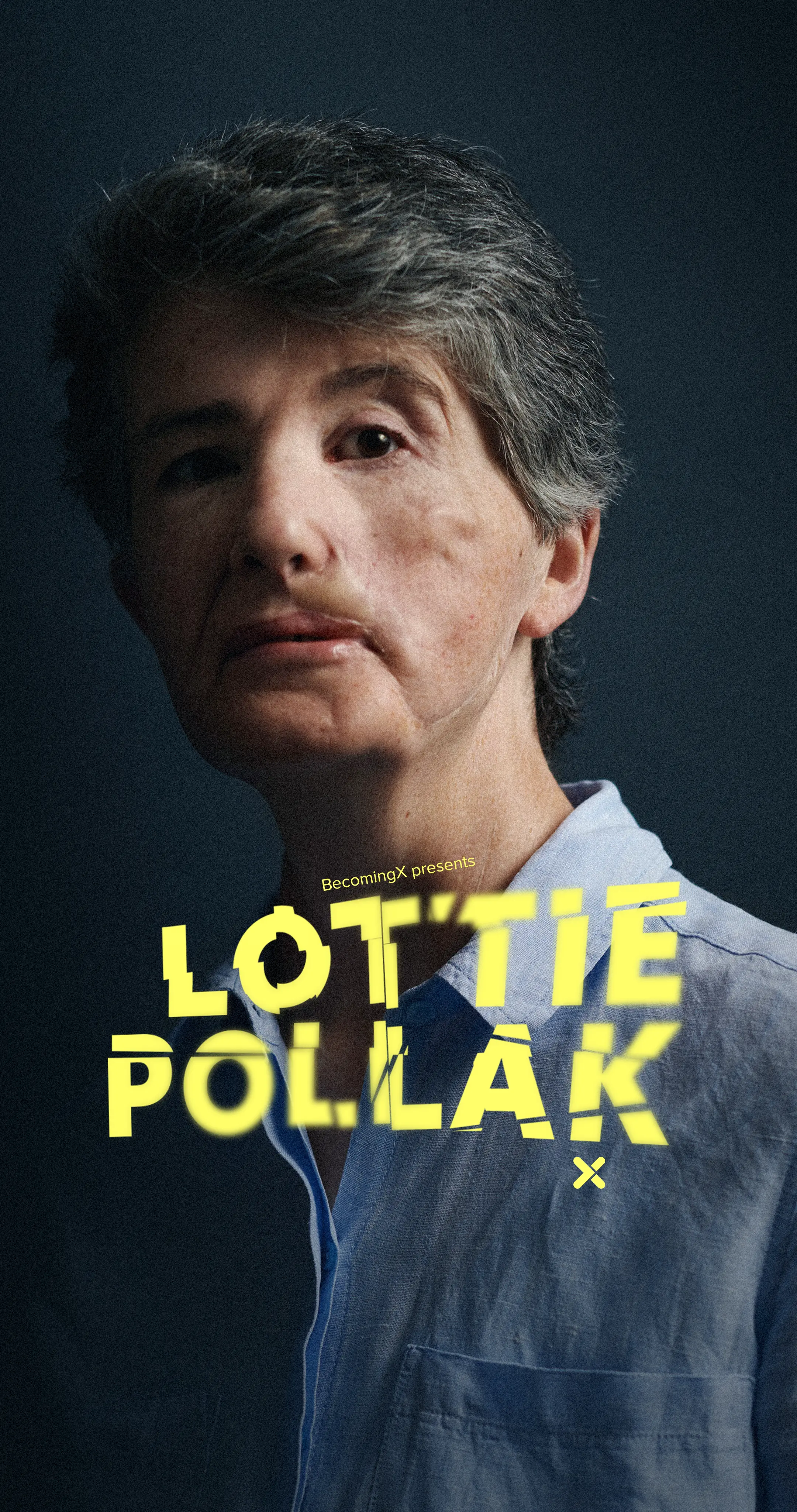 Portrait of Lottie Pollak, gunshot survivor and scars ambassador. Lottie Pollak text overlaid.