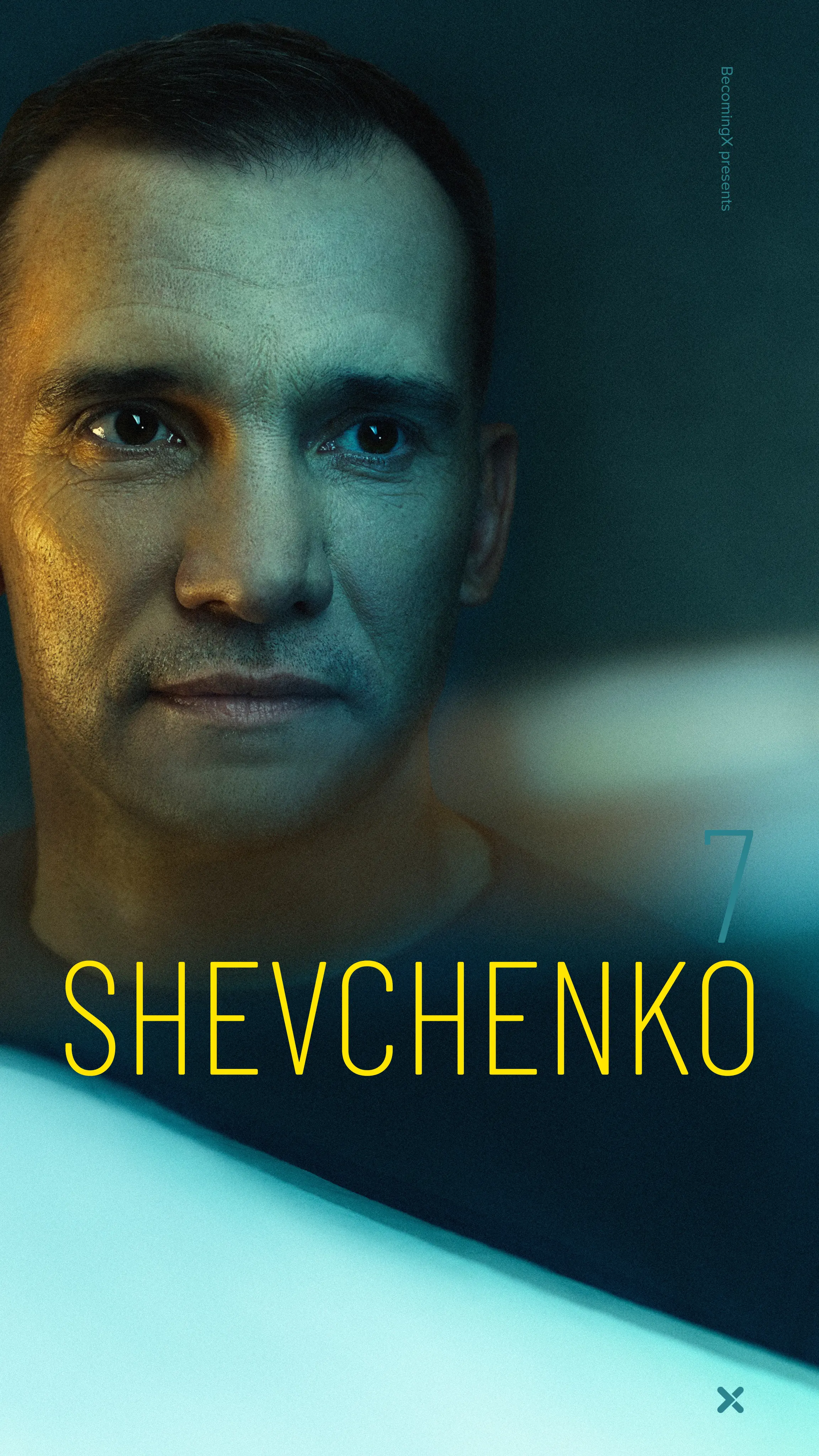 Portrait of Andriy Shevchenko, Ukrainian footballer and UNITED24 ambassador. Shevchenko and number 7 text overlaid.