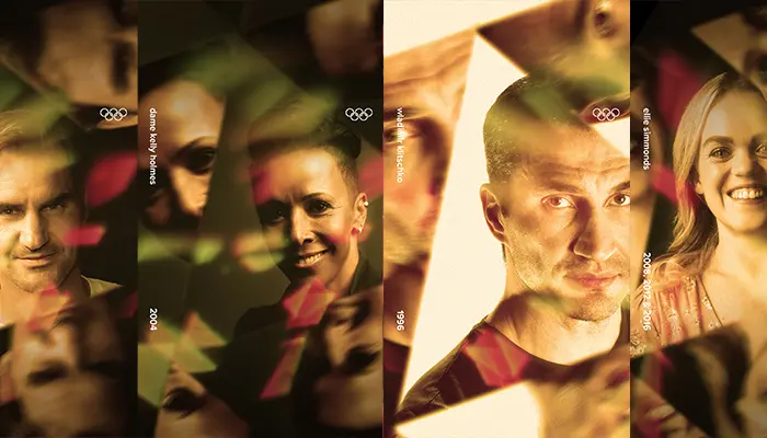 Montage of becomingX Olympic gold winning athletes: Roger Federer, Dame Kelly Holmes, Wladimir Klitschko and Ellie Simmonds