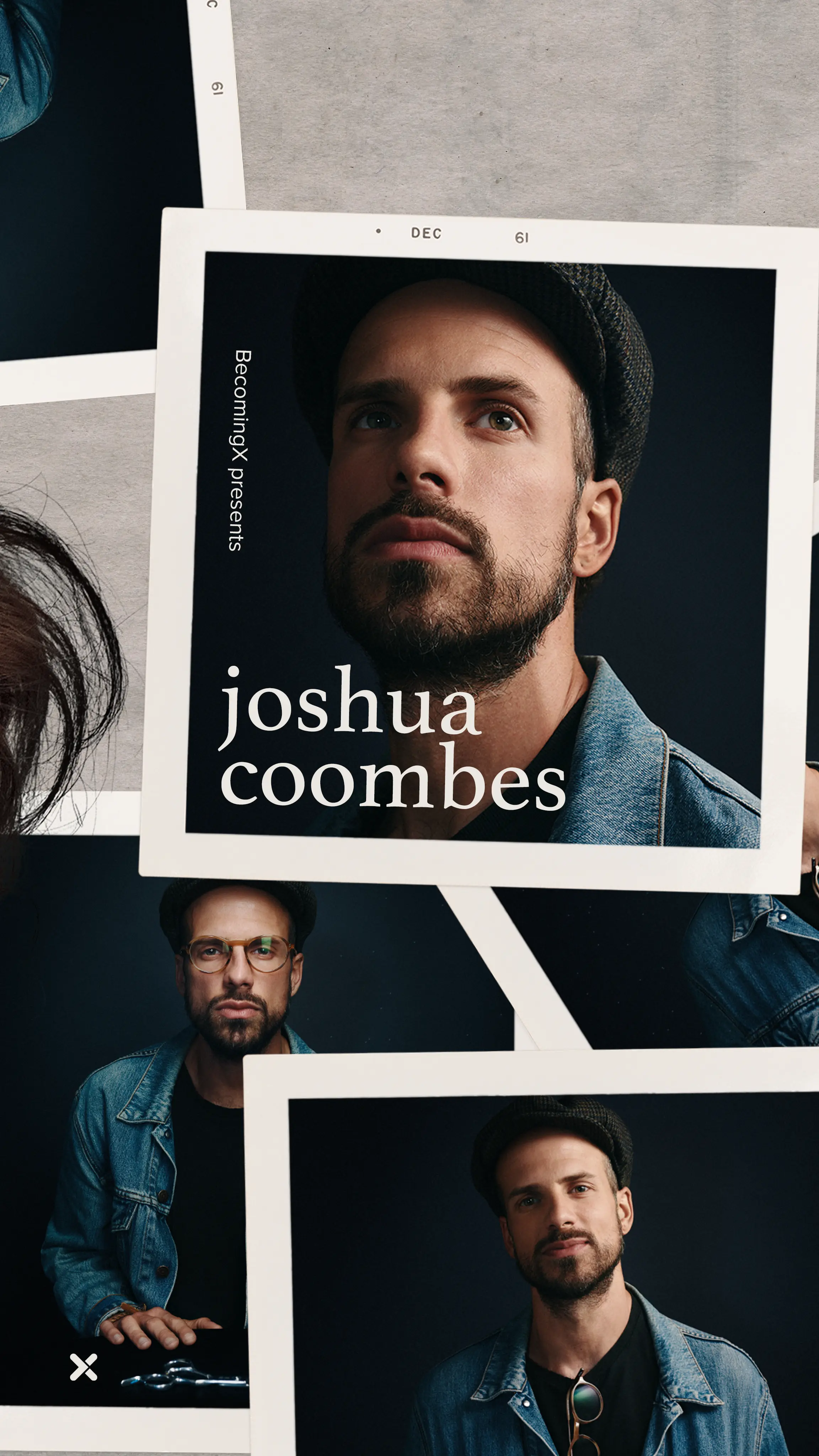 Three portraits of Joshua Coombes, hairdresser to the homeless and social activist. Joshua Coombes text overlaid.