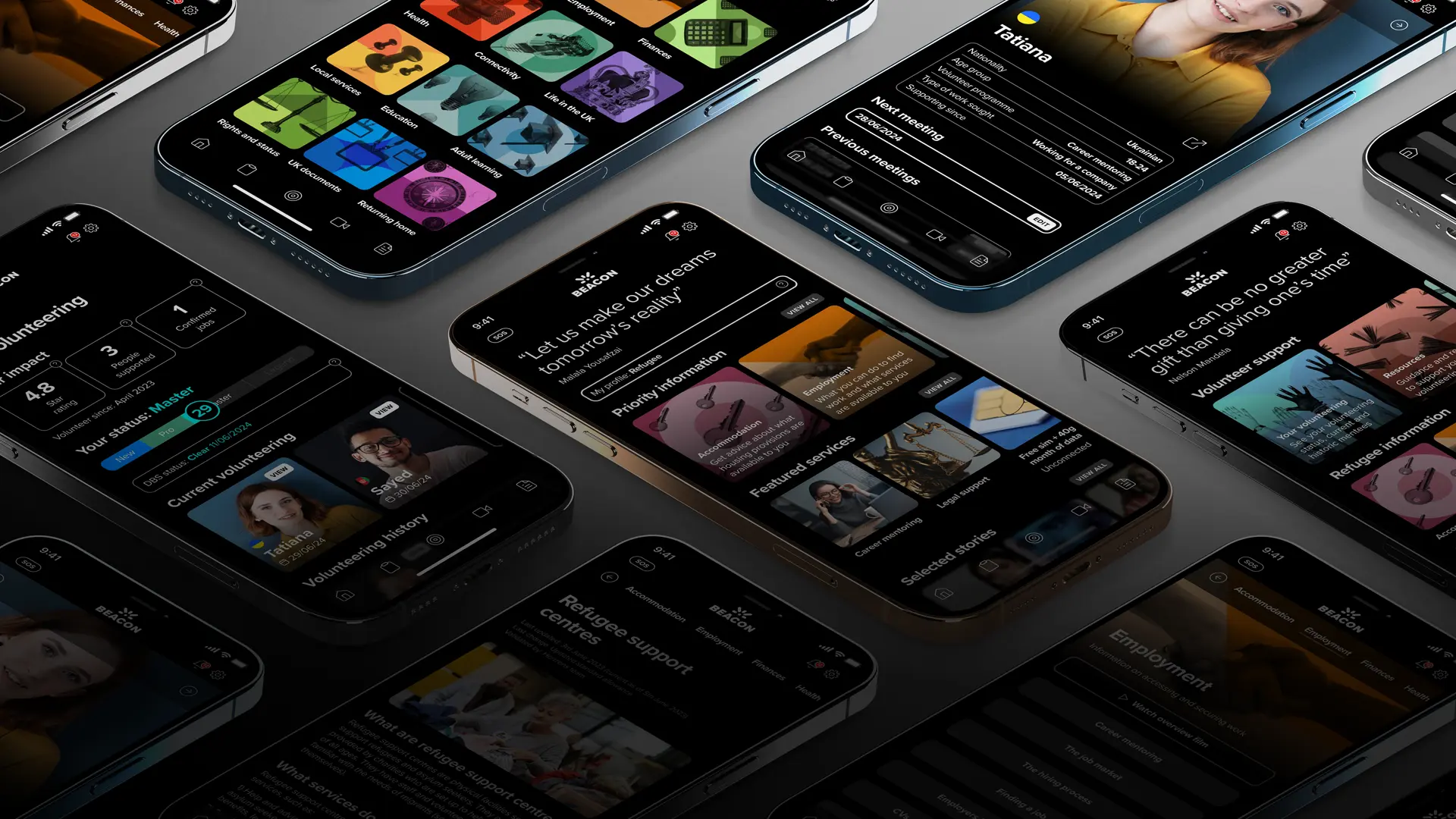 Multiple phones showing screenshots of the Beacon refugee support app, including refugee support centres and mentoring.
