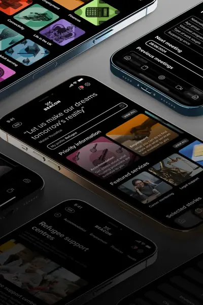Multiple phones showing screenshots of the Beacon refugee support app, including refugee support centres and mentoring.
