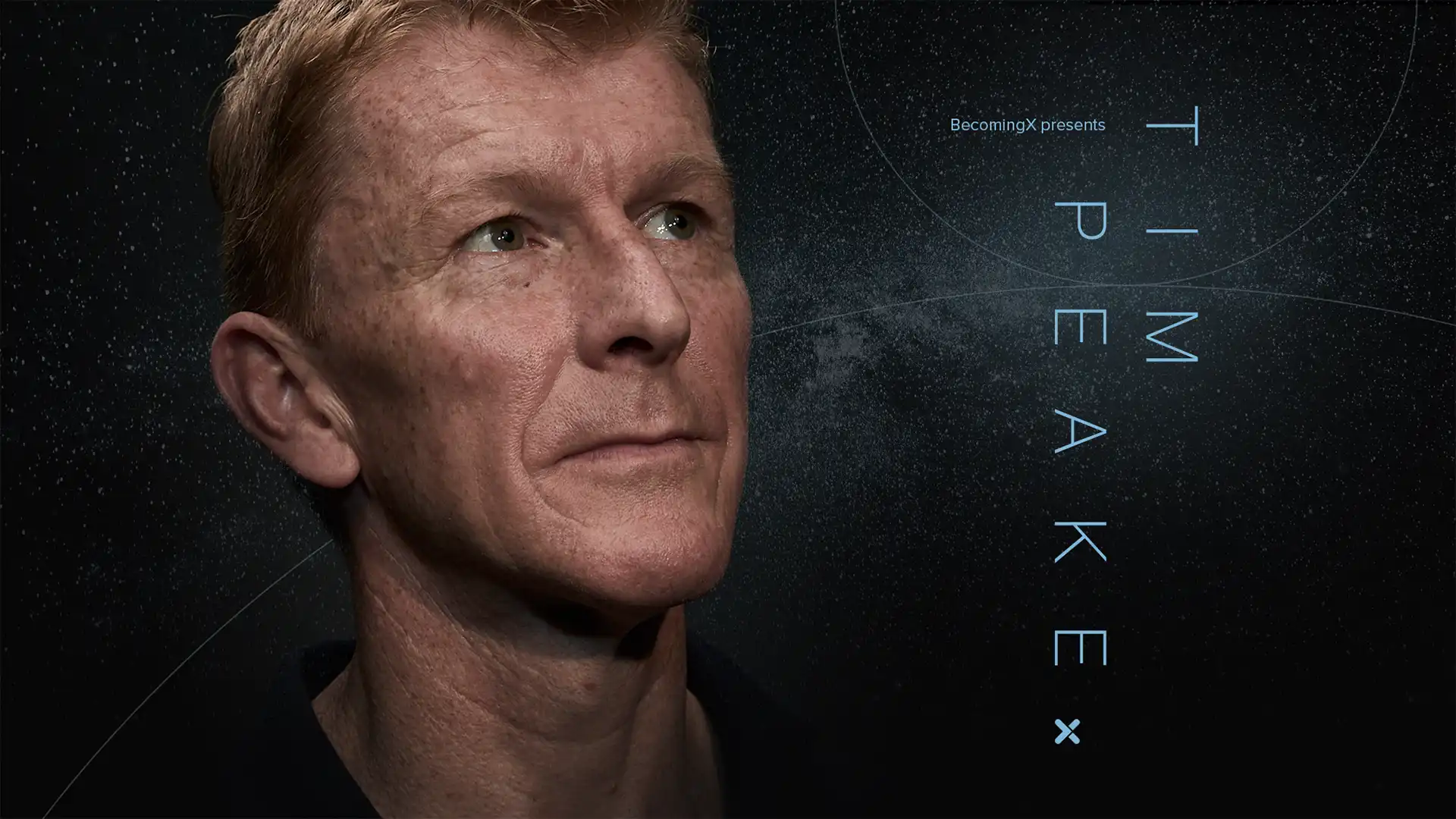 Portrait of Tim Peake, the first British astronaut to visit the International Space Station. Tim Peake text overlaid.