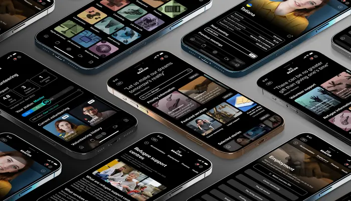 Multiple smartphones displaying different screens from the Beacon refugee support app