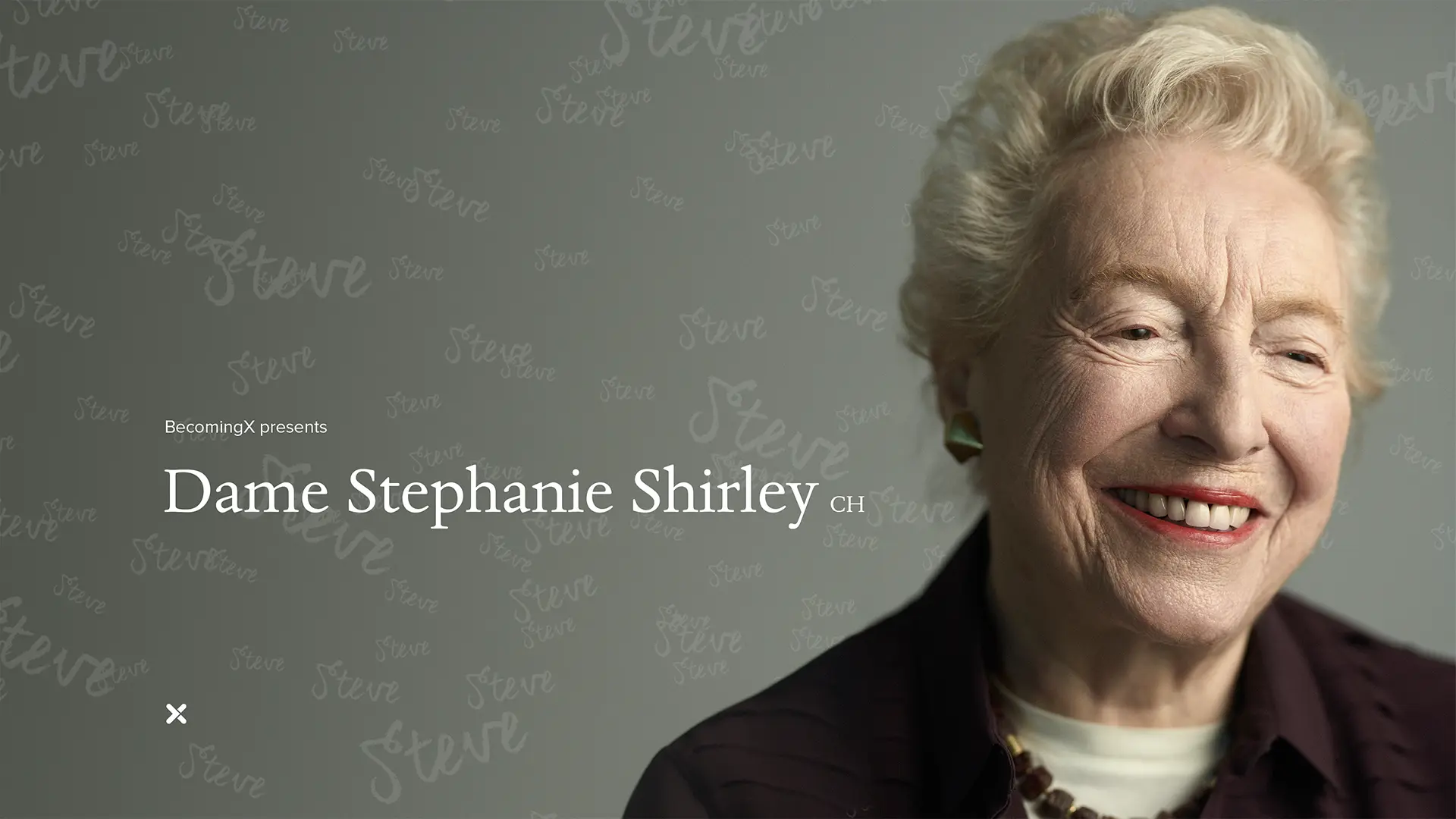 Portrait of Stephanie Shirley, refugee, tech entrepreneur and philanthropist. Dame Stephanie Shirley CH text overlaid.