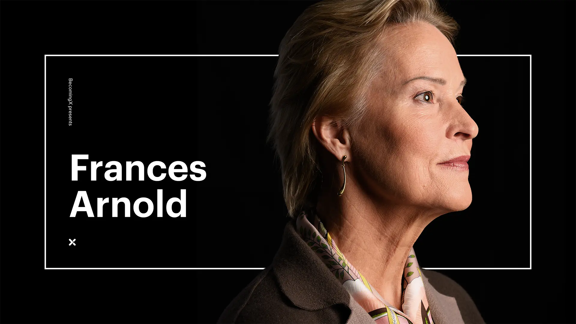 Portrait of Frances Arnold, Nobel Prize winner for Chemistry. Frances Arnold text overlaid.