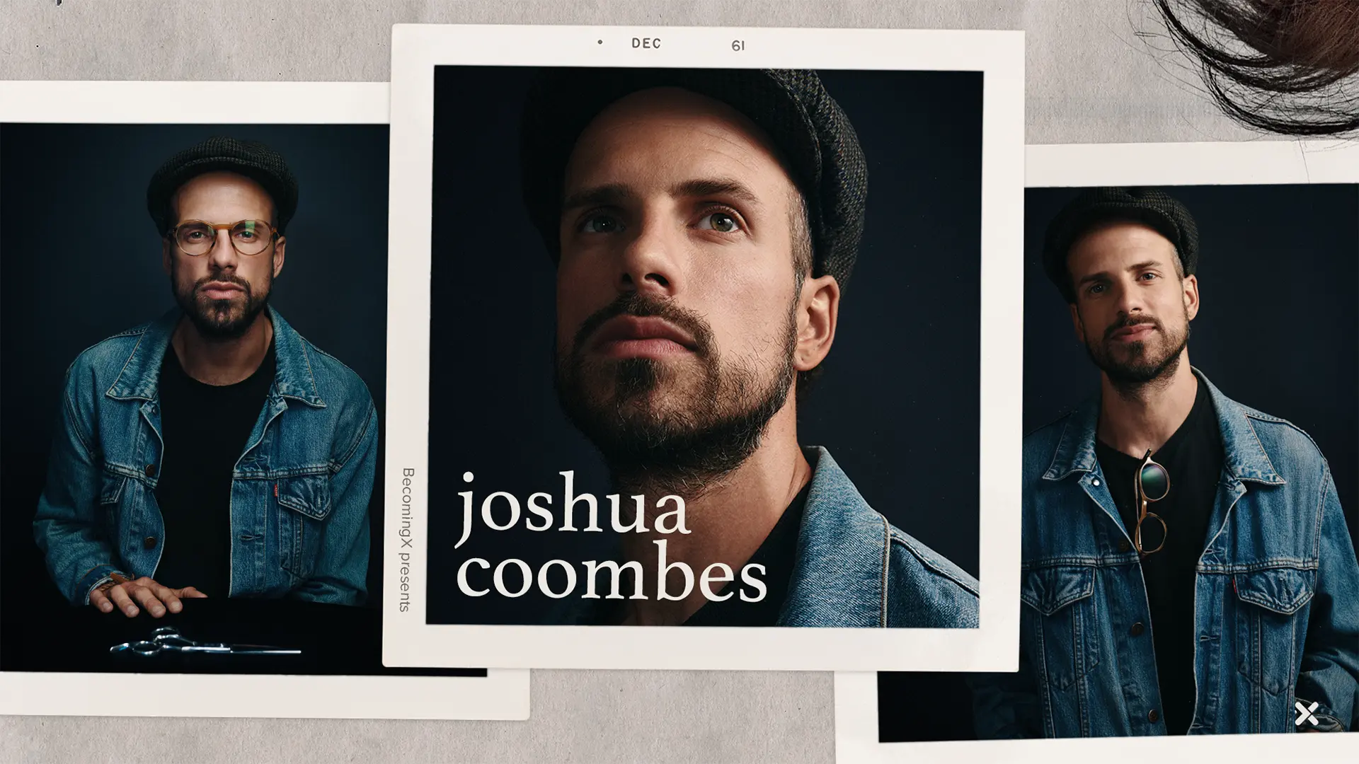 Three portraits of Joshua Coombes, hairdresser to the homeless and social activist. Joshua Coombes text overlaid.