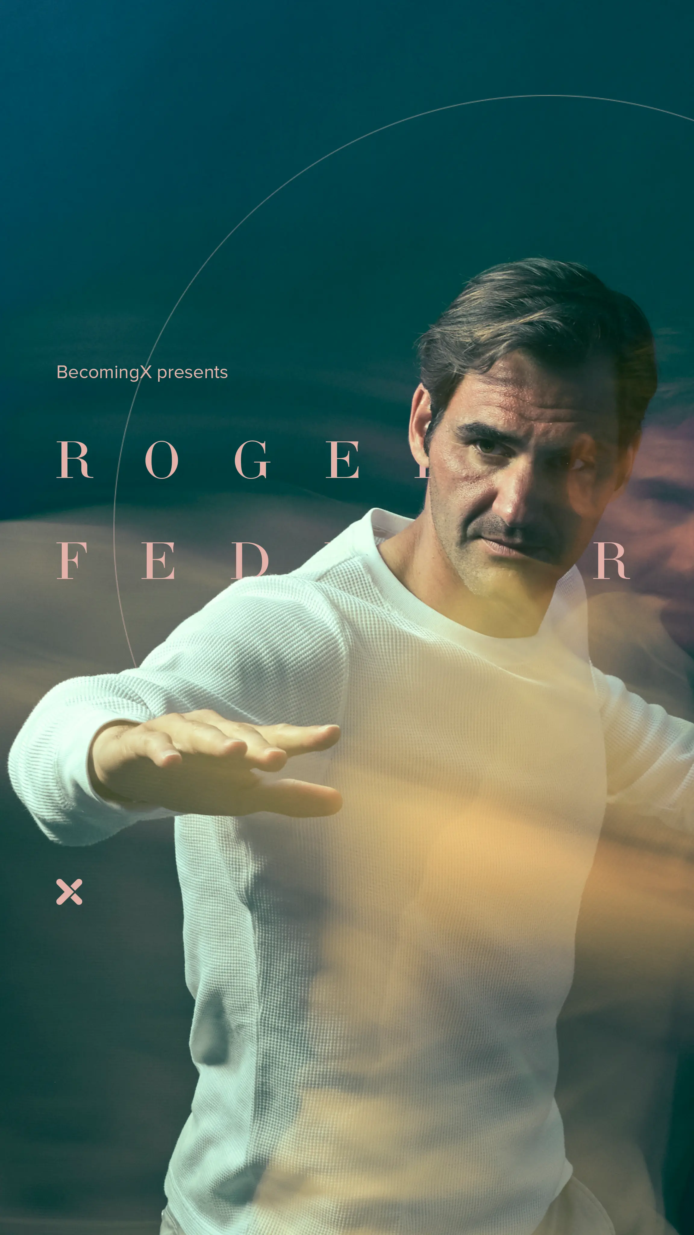 Portrait of Roger Federer, 20 time Grand Slam winner and former world number 1 tennis star. Roger Federer text overlaid.