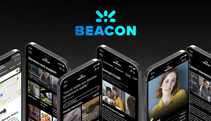 Beacon logo above screen of the Beacon refugee support app