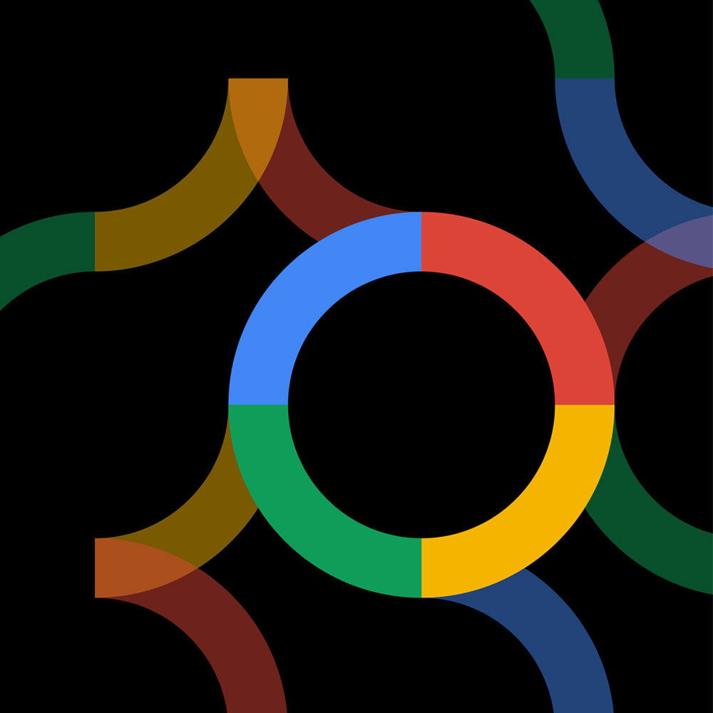 Swirls and circles in the Google blue, red, yellow and green colours.