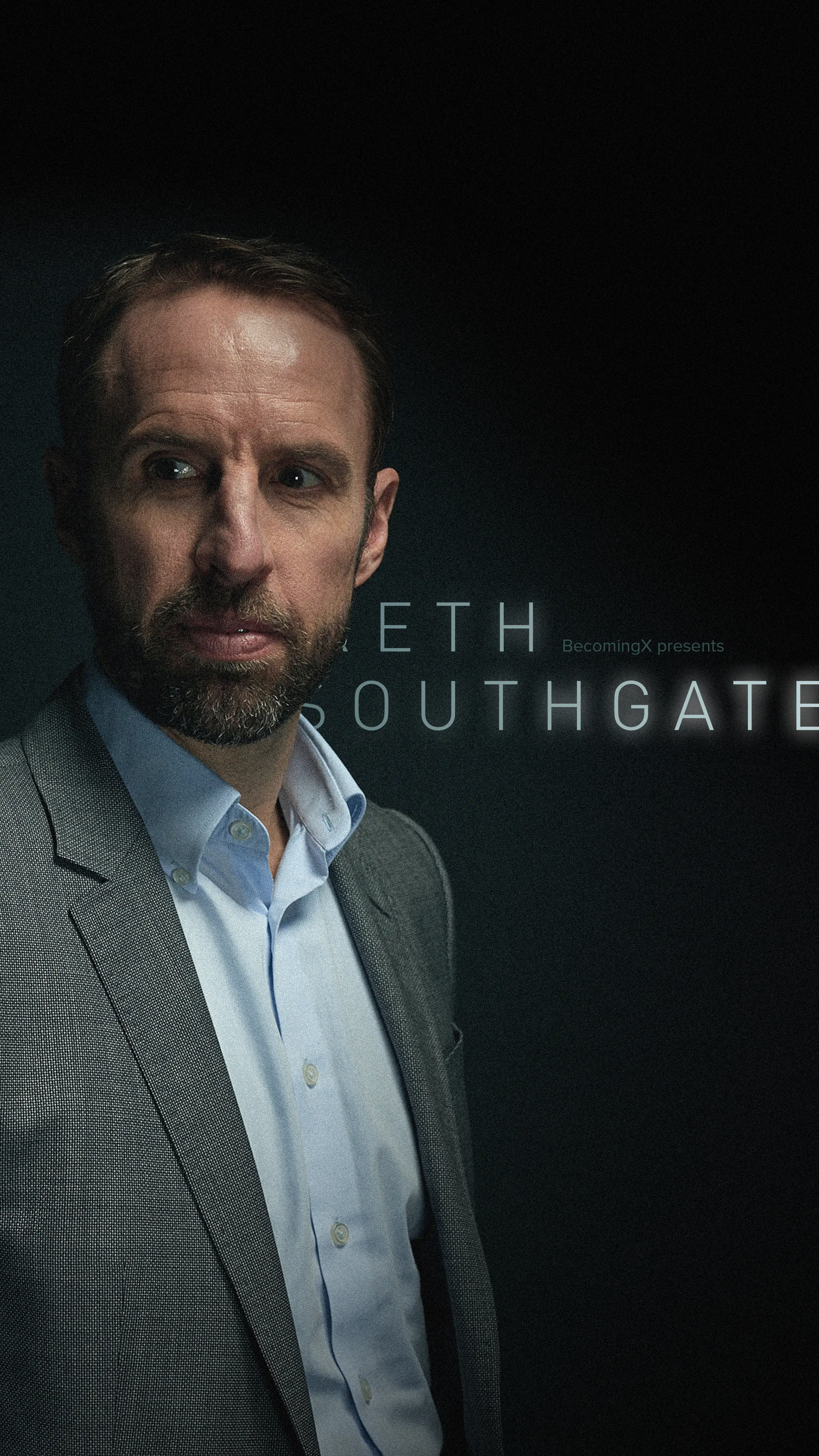 Portrait of Gareth Southgate, former England football player and manager. Gareth Southgate text overlaid.