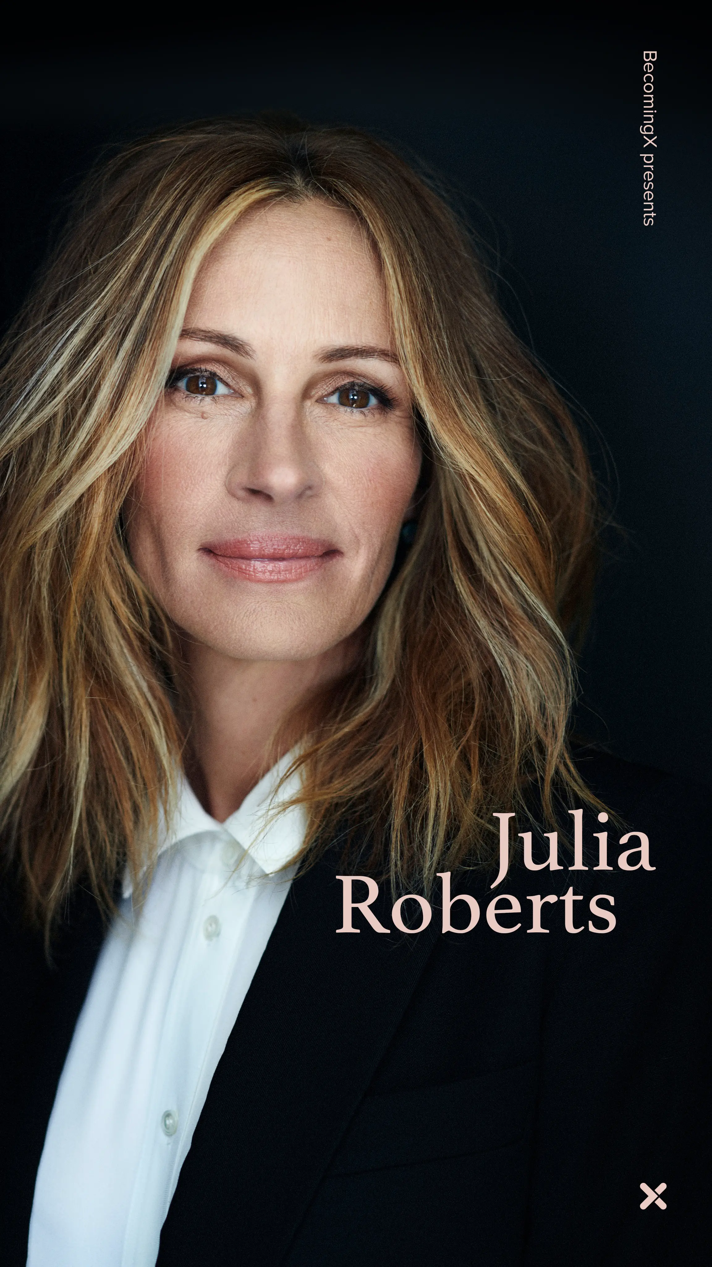 Portrait of Julia Roberts, film star and Oscar winner. Julia Roberts text overlaid.