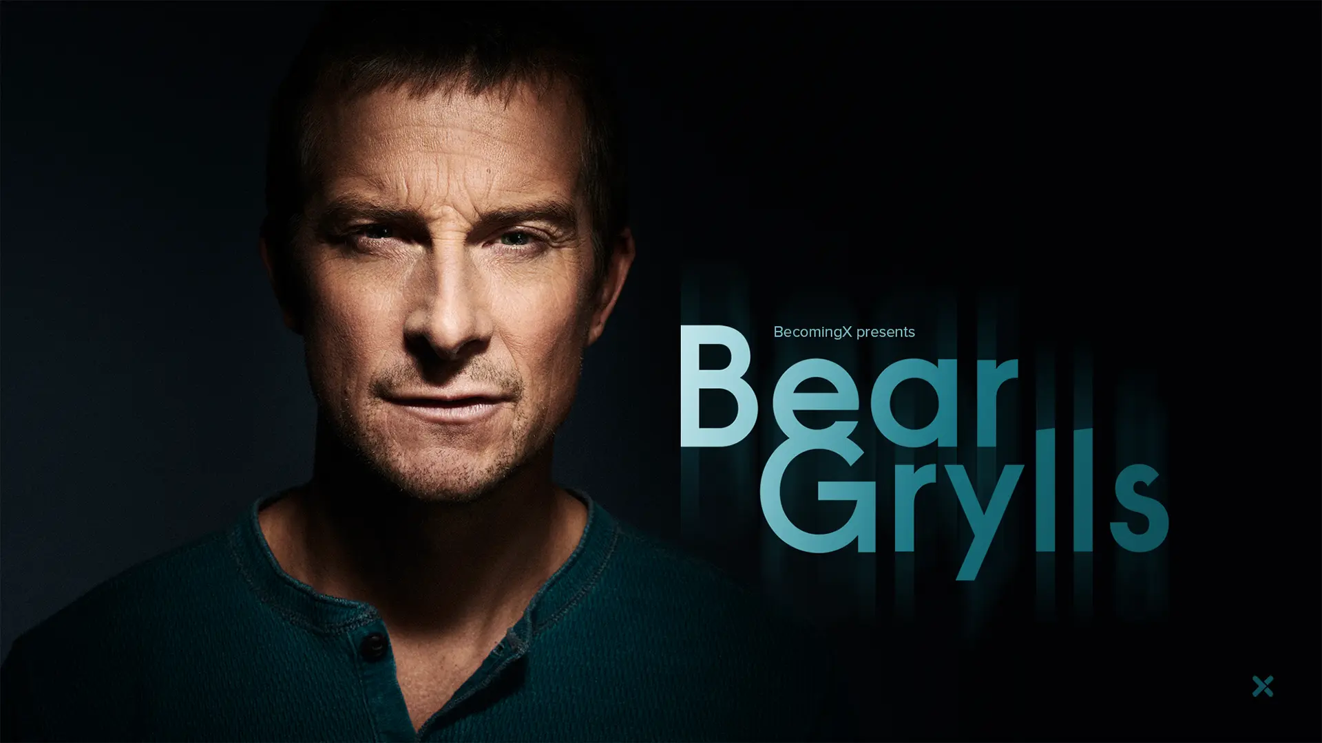 Portrait of Bear Grylls, adventurer, TV presenter and BecomingX co-founder. Bear Grylls text overlaid.