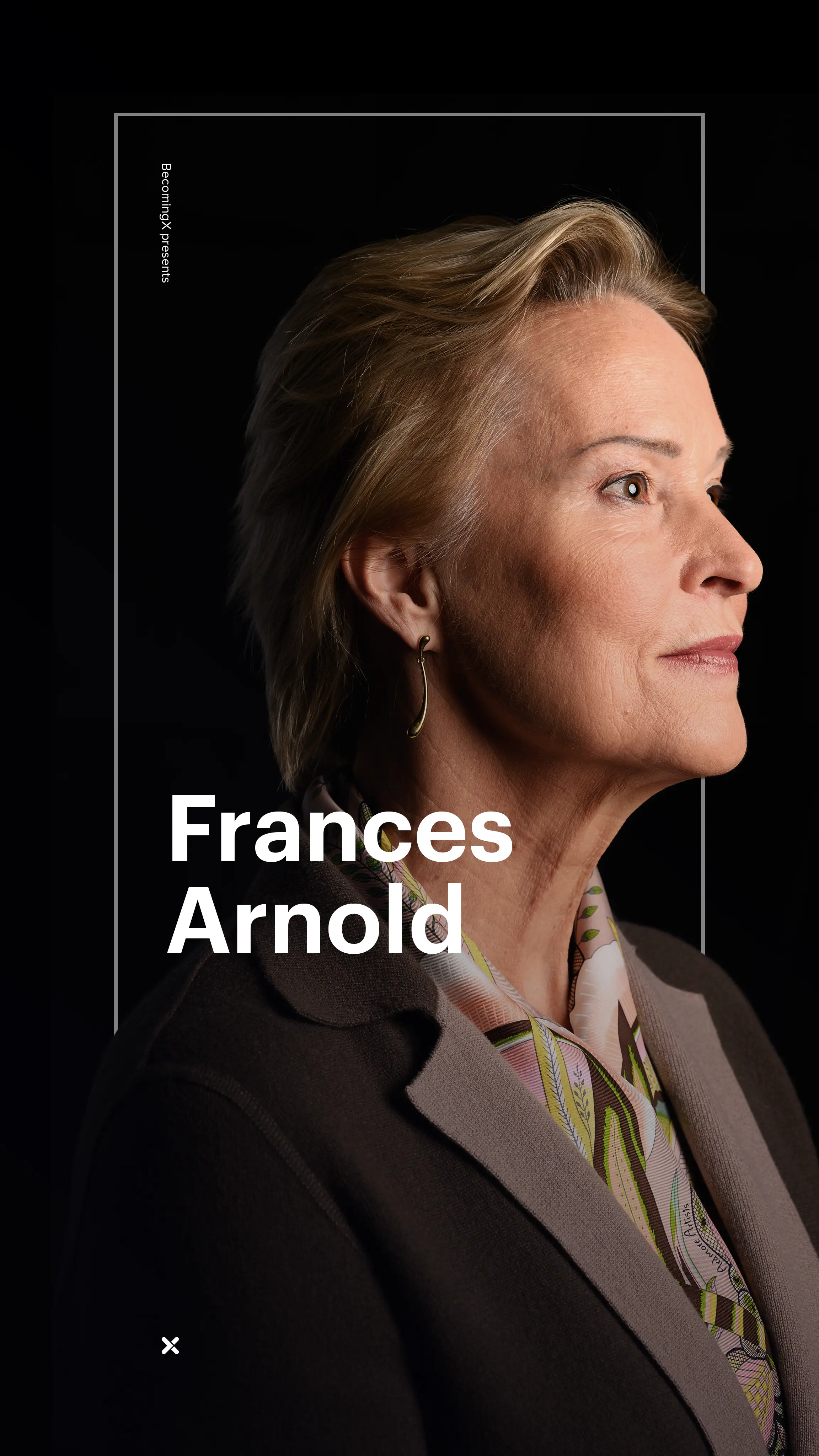 Portrait of Frances Arnold, Nobel Prize winner for Chemistry. Frances Arnold text overlaid.