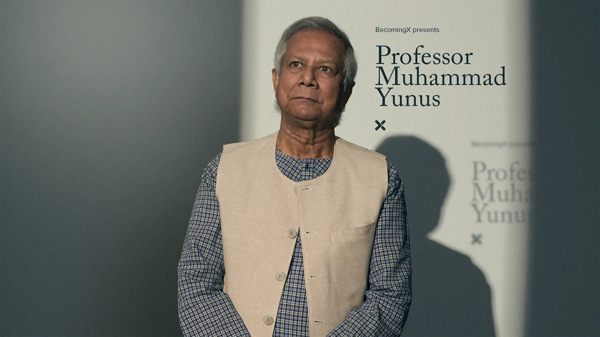 Portrait of Muhammad Yunus, Nobel Peace Prize winner and Bangladeshi leader. Professor Muhammad Yunus text overlaid.