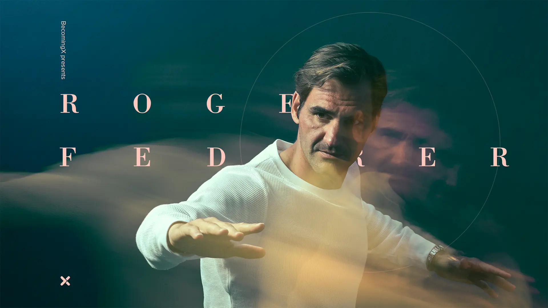 Portrait of Roger Federer, 20 time Grand Slam winner and former world number 1 tennis star. Roger Federer text overlaid.